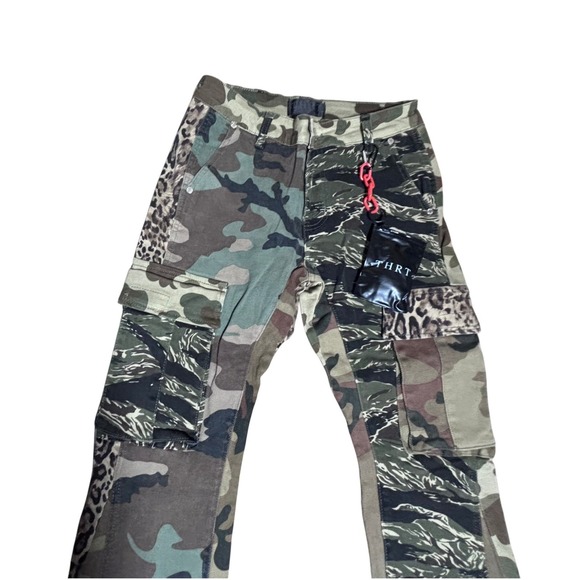 THRT Patchwork Cargo Pants Camo Leopard Print Distressed Size 30 - Picture 3 of 11